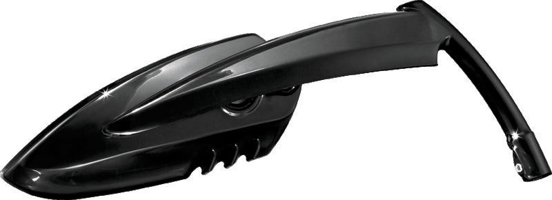 Kuryakyn Scythe motorcycle mirrors in black, mounted on handlebars, showing sleek, aerodynamic design for powersports vehicles.