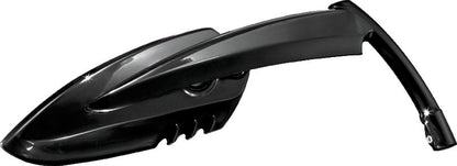 Kuryakyn Scythe motorcycle mirrors in black, mounted on handlebars, showing sleek, aerodynamic design for powersports vehicles.