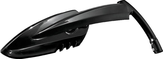 Kuryakyn Scythe motorcycle mirrors in black, mounted on handlebars, showing sleek, aerodynamic design for powersports vehicles.
