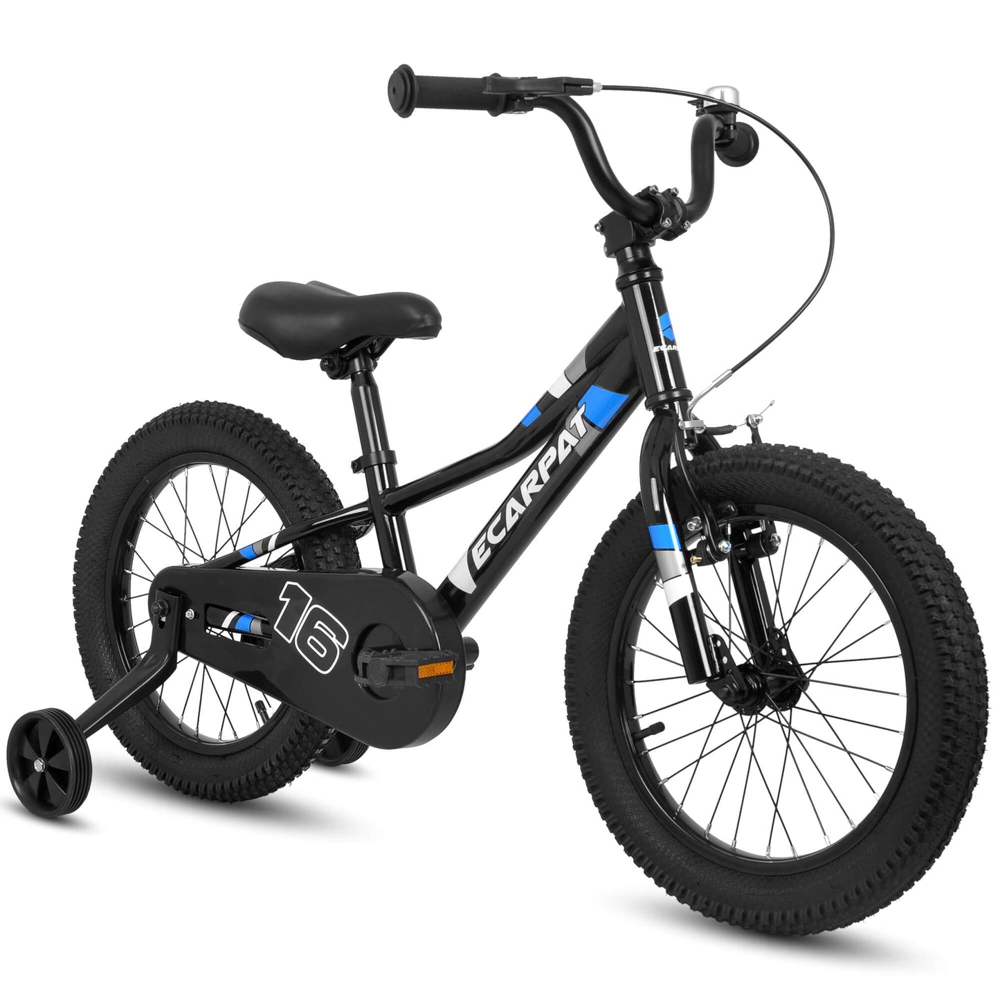 Hycline Ecarpat 16-inch kids' bicycle with training wheels, colorful frame, and adjustable seat for young riders.