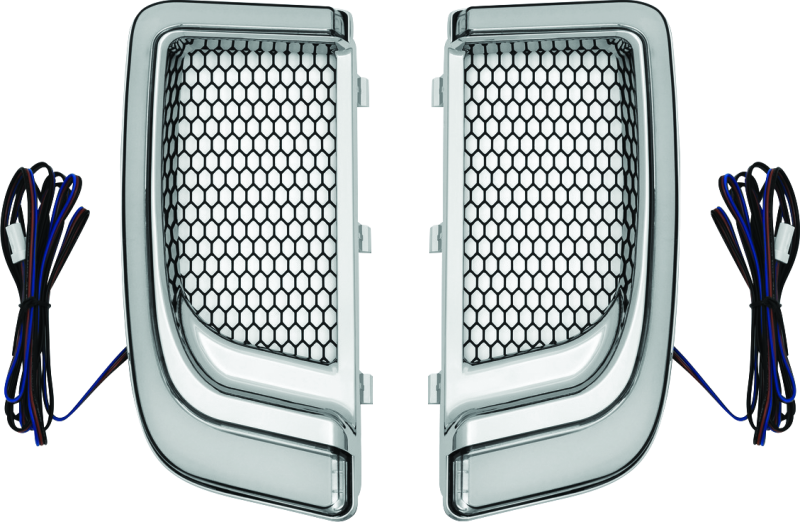 Chrome Kuryakyn Tracer Lower Fairing Grill for Harley Davidson Touring models, showcasing a sleek, polished motorcycle accessory.