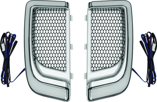 Chrome Kuryakyn Tracer Lower Fairing Grill for Harley Davidson Touring models, showcasing a sleek, polished motorcycle accessory.