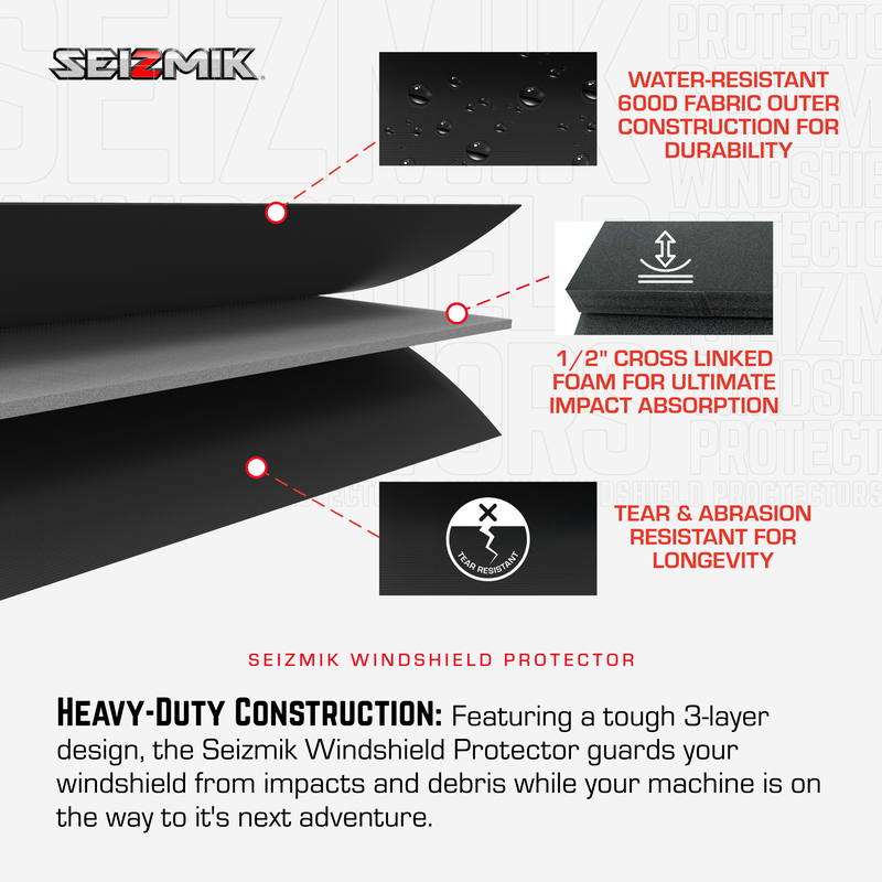 SEIZMIK windshield protector can made of 3-layer water-resistant fabric, designed to shield and protect vehicle windshields.