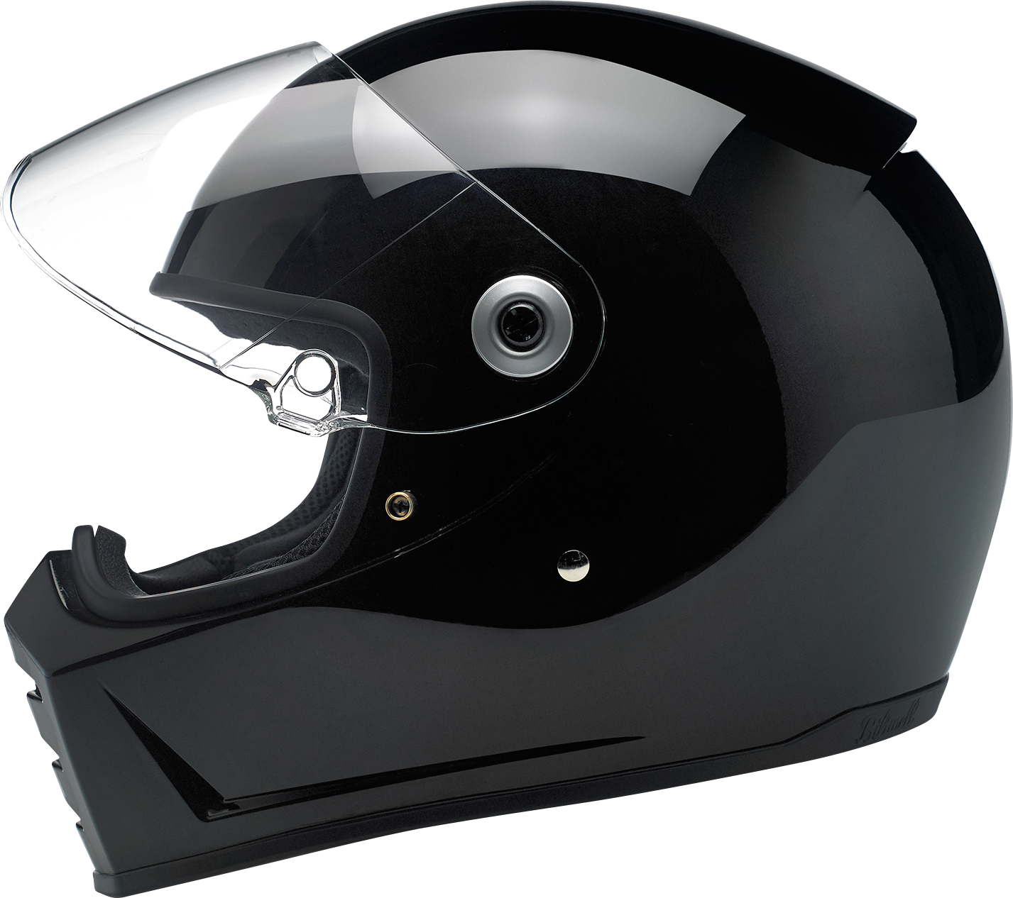 BILTWELL Lane Splitter motorcycle helmet in glossy black, small size, with aerodynamic design and secure strap closure.