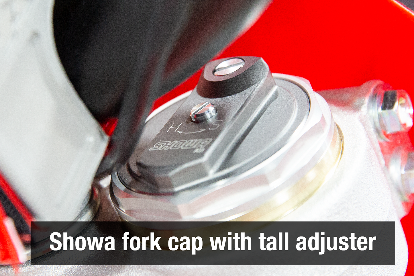 Motion Pro compression adjuster for Showa 49mm forks, part 11-0123, installed on motorcycle suspension components.