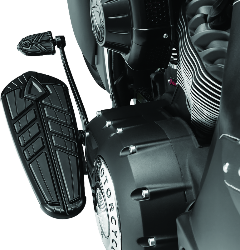 Kuryakyn Spear Shift and Brake Pegs for Indian Motorcycles in black, part #5751, mounted on motorcycle foot controls.