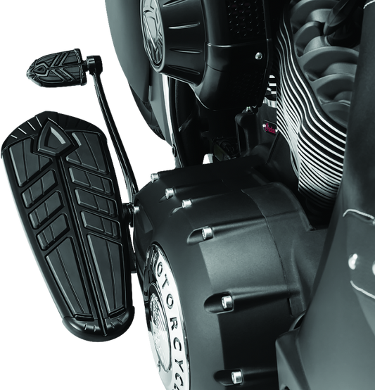 Kuryakyn Spear Shift and Brake Pegs for Indian Motorcycles in black, part #5751, mounted on motorcycle foot controls.
