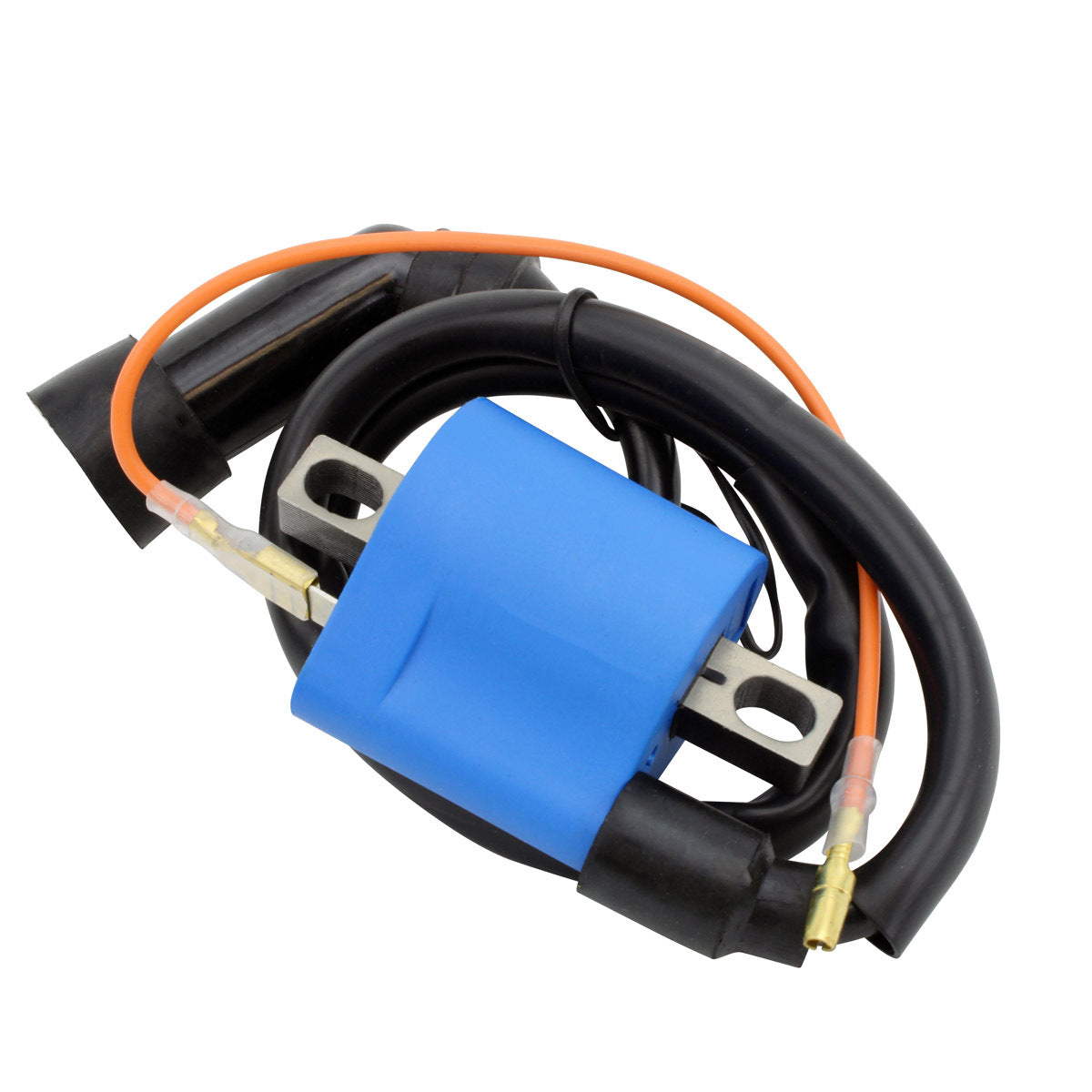 RM STATOR external ignition coil with spark plug cap, part RM06003, shown installed on a motorcycle engine.