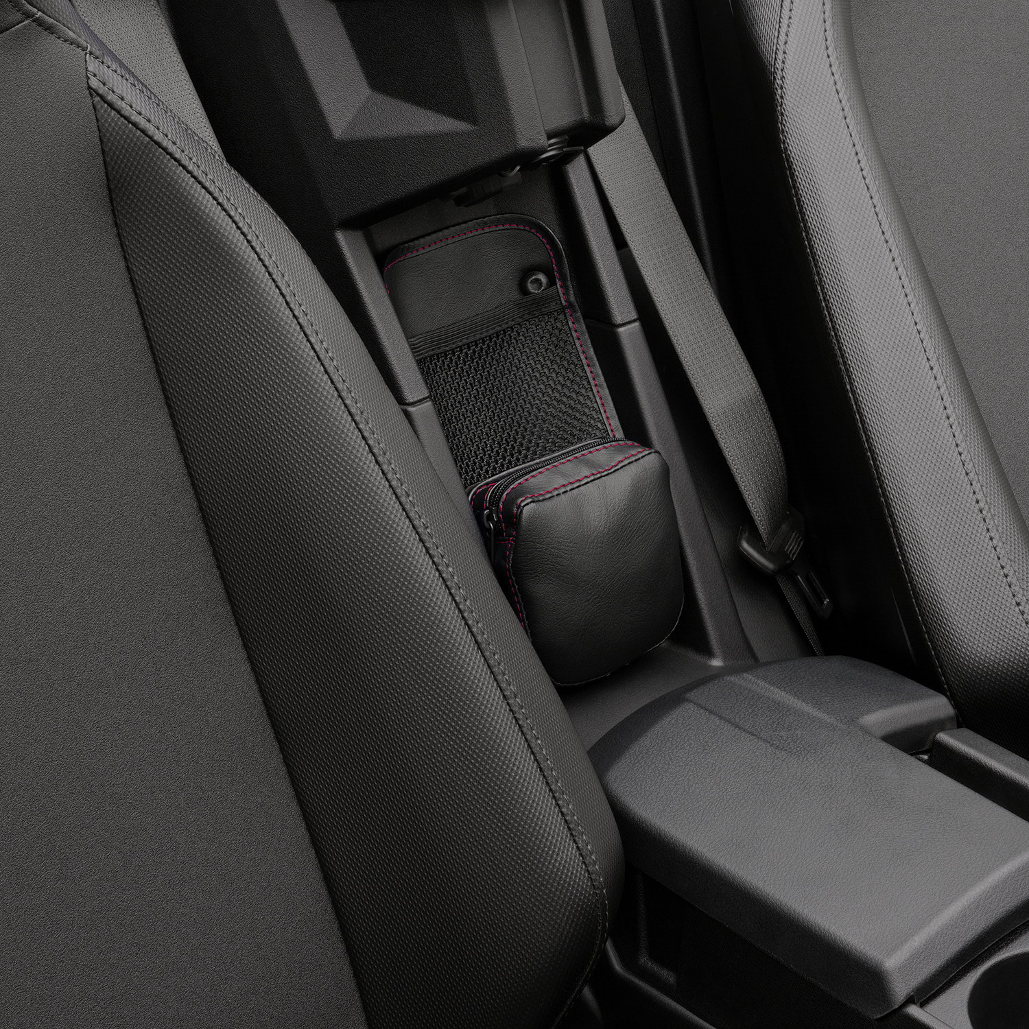 Bill's Exhausts Show Chrome Kaliber Center Console Organizer in black with red stitching for engine storage and organization.
