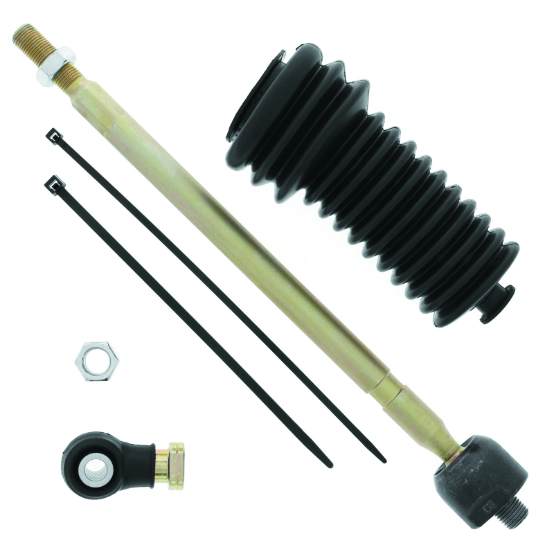 QuadBoss tie rod assembly kit for Polaris Ranger 400 and 500 models, showing assembled and individual components.