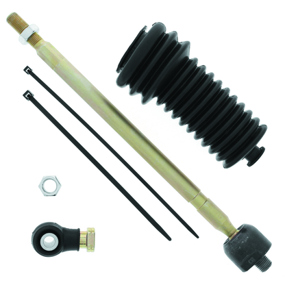 QuadBoss tie rod assembly kit for Polaris Ranger 400 and 500 models, showing assembled and individual components.