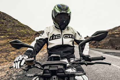 White ICON Contra2™ Gloves in 3XL size, showcasing durable leather construction and secure wrist closure for motorcycle riding.