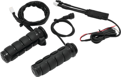 Kuryakyn Heated ISO-Grips Throttle-By-Wire in gloss black, featuring textured grips and integrated heating elements for motorcycle handlebars.