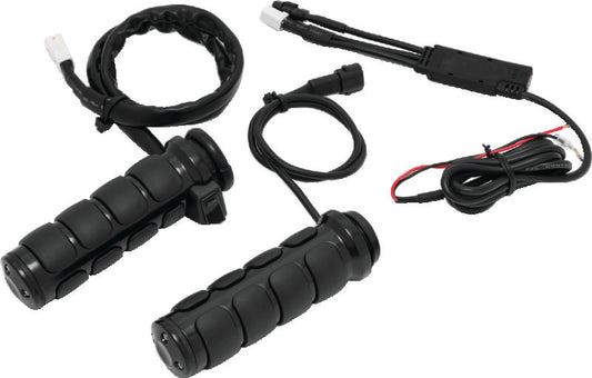 Kuryakyn Heated ISO-Grips Throttle-By-Wire in gloss black, featuring textured grips and integrated heating elements for motorcycle handlebars.