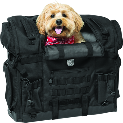 Kuryakyn Pet Palace Titan motorcycle dog and cat carrier crate with weather-resistant and heat-reducing features, shown open.