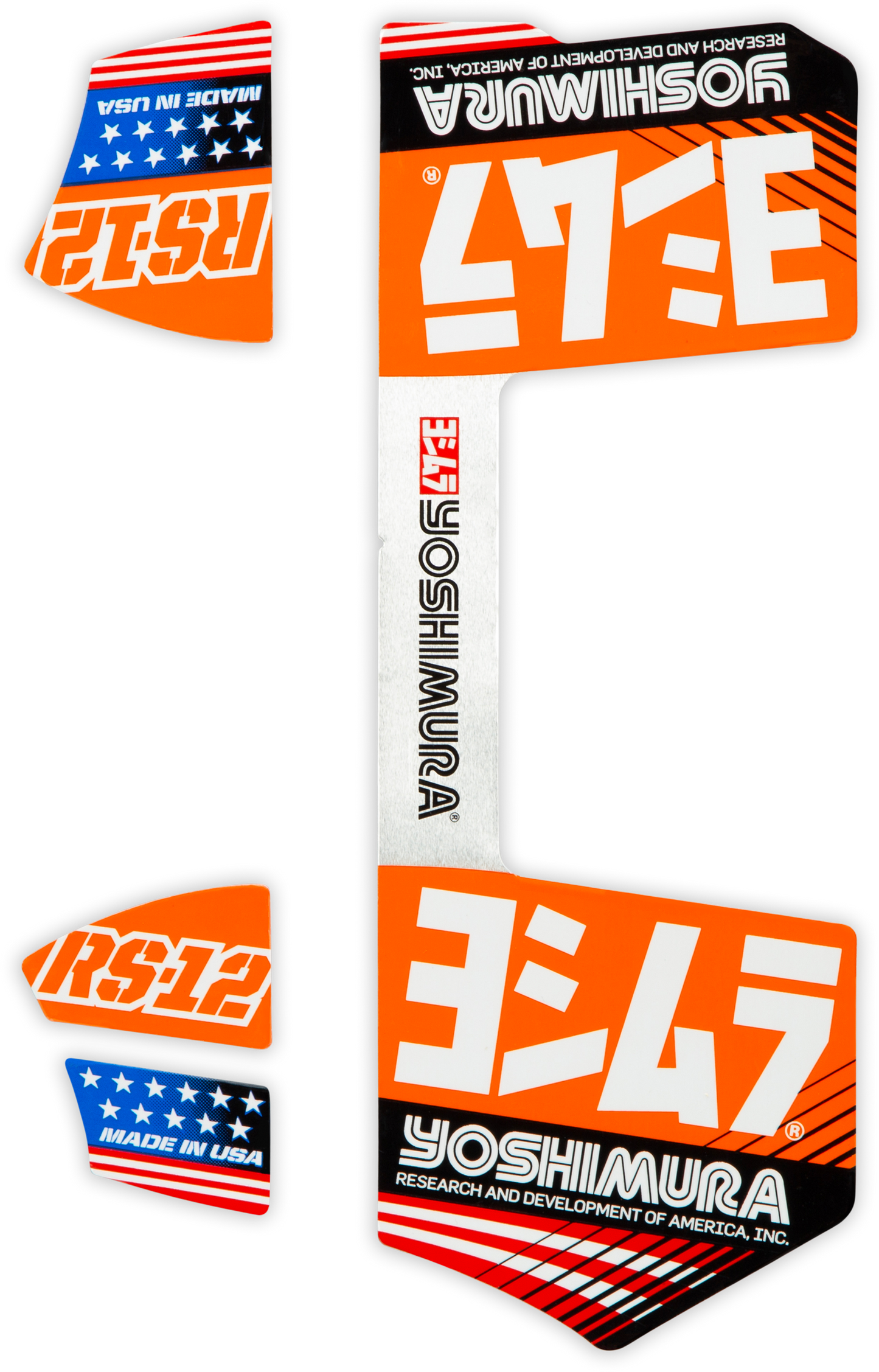 YOSHIMURA RS12 muffler decals in orange with Yoshimura branding, designed for motorcycle exhaust systems.