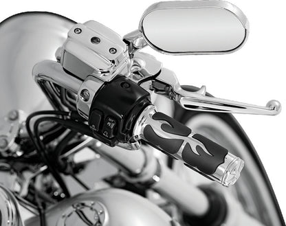 Kuryakyn ISO Flame grips for metric motorcycles, chrome handlebar accessories with stylish, durable design for PowerSports bikes.
