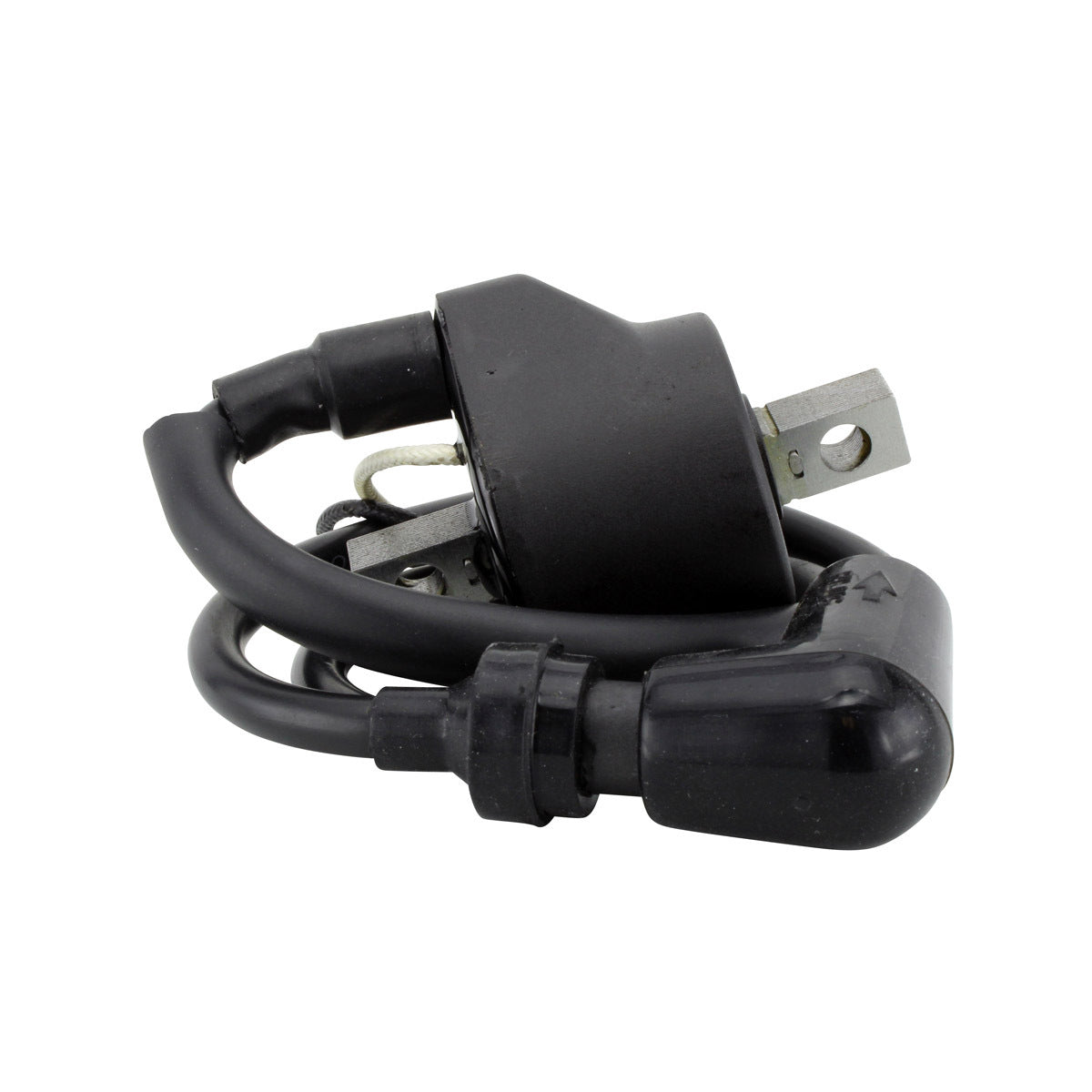 RM STATOR external ignition coil with spark plug cap, motorcycle engine component, black coil and attached cap.