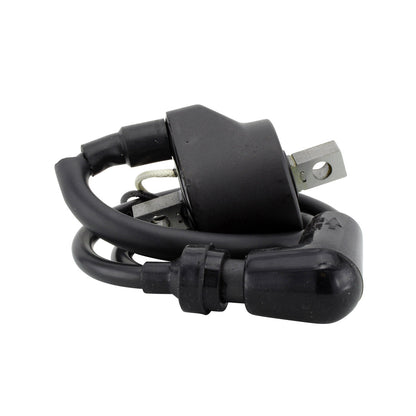 RM STATOR external ignition coil with spark plug cap, motorcycle engine component, black coil and attached cap.