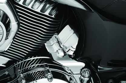 Chrome Kuryakyn transmission cover for Indian motorcycles, featuring part #5696, with detailed chrome finish and mounting hardware.