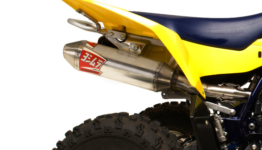 YOSHIMURA Signature RS-2 UTV full system exhaust with chrome finish and logo, showcasing the sleek exhaust pipe and muffler.