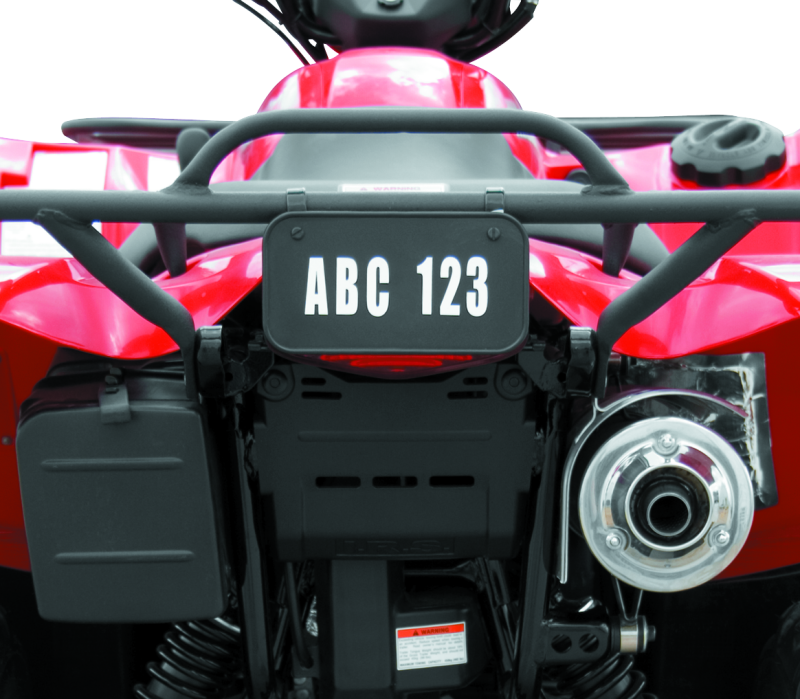 Black QuadBoss ATV license plate kit with mounting hardware for powersports vehicles, designed for secure and durable attachment.
