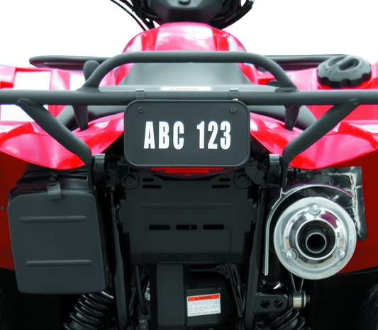 Black QuadBoss ATV license plate kit with mounting hardware for powersports vehicles, designed for secure and durable attachment.