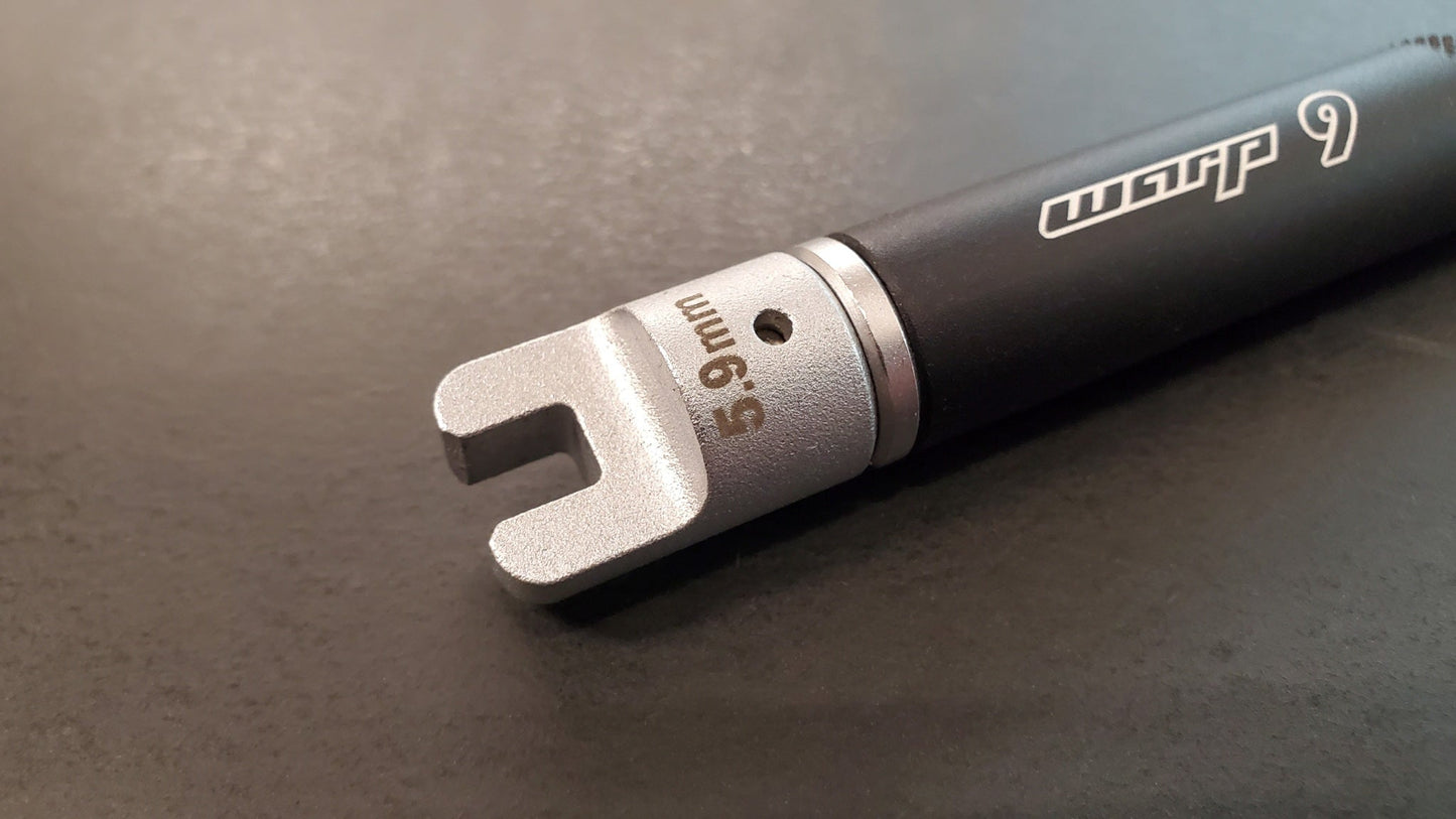 Warp9Racing spoke wrench tips, 5.9mm adjustable tools for bike wheel maintenance, shown in the image.
