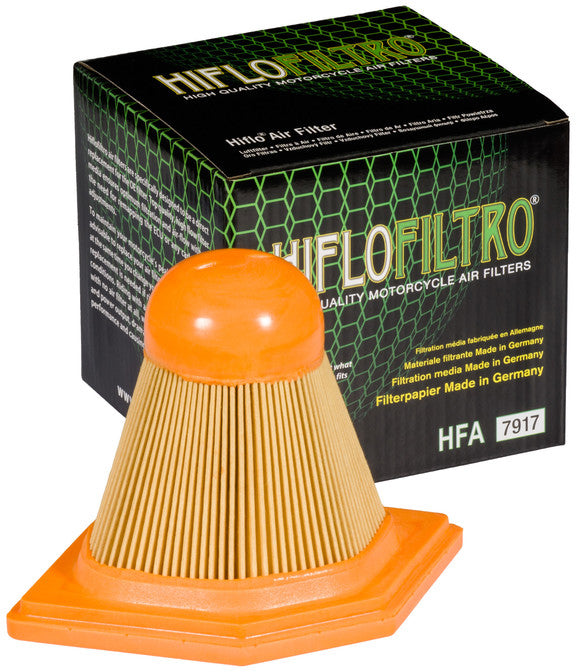 HIFLOFILTRO HFA7917 air filter for high-performance engines, showing the clean, rectangular filter element with pleated design.