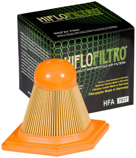 HIFLOFILTRO HFA7917 air filter for high-performance engines, showing the clean, rectangular filter element with pleated design.