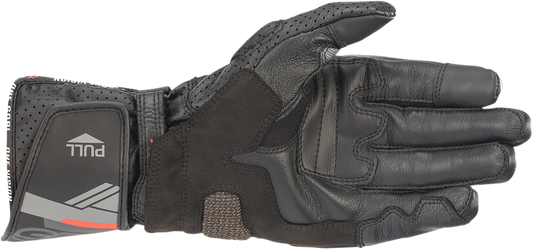 Black Alpinestars SP-8 V3 motorcycle gloves in large size, showing reinforced knuckles and textured grip palm.