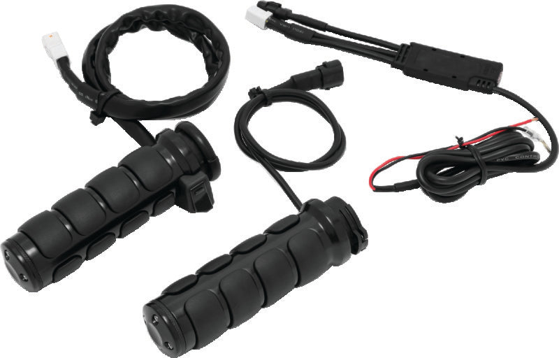 Kuryakyn Heated ISO Grips Dual Cable Gloss Black for motorcycle handlebars, showing textured black grips with control wires.