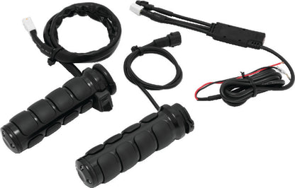 Kuryakyn Heated ISO Grips Dual Cable Gloss Black for motorcycle handlebars, showing textured black grips with control wires.