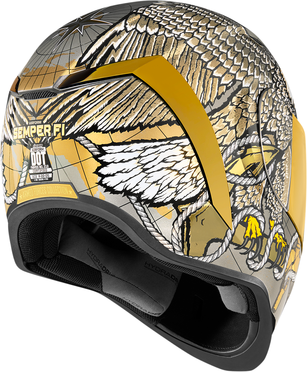 ICON Airform™ Helmet Semper Fi Gold small helmet with black and gold design, lightweight motorcycle helmet from Bill's Exhausts