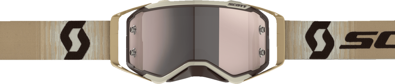 Scott Prospect Goggle in beige and brown with silver chrome frame, featuring clear lens and adjustable strap.