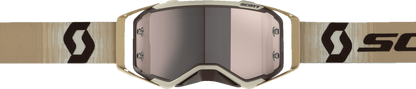 Scott Prospect Goggle in beige and brown with silver chrome frame, featuring clear lens and adjustable strap.