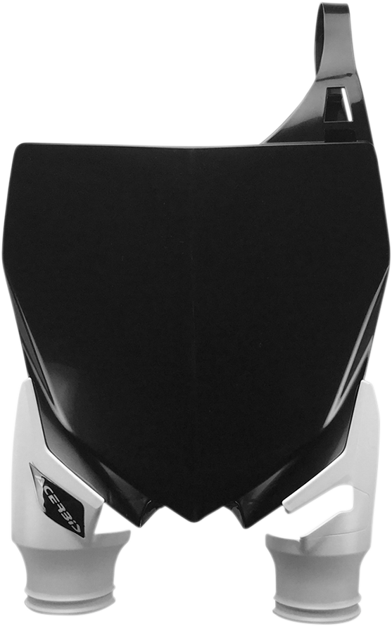 Acerbis Raptor black and white number plate for motorcycle, featuring bold graphics and mounting holes, designed for body customization.