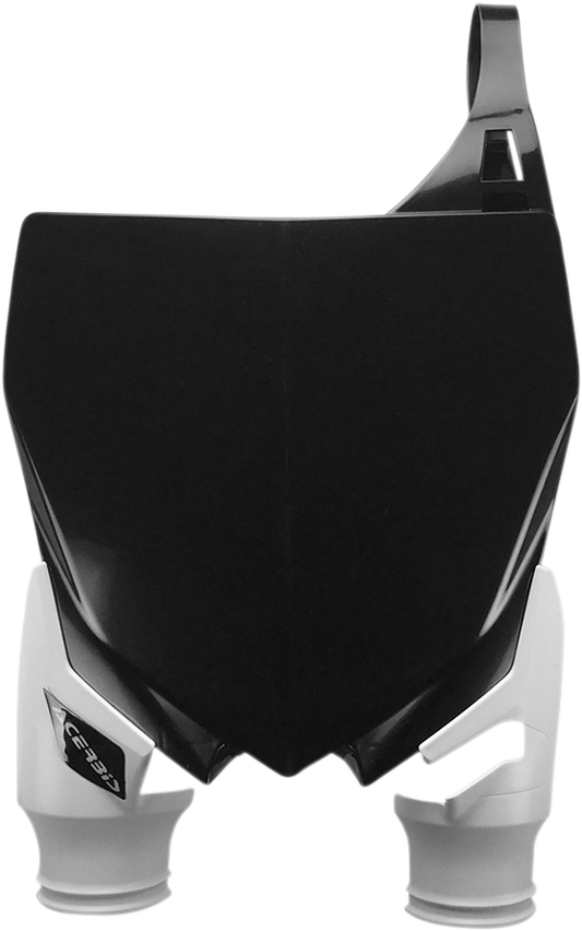 Acerbis Raptor black and white number plate for motorcycle, featuring bold graphics and mounting holes, designed for body customization.