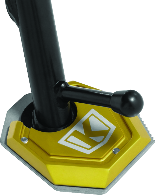 Kuryakyn Lodestar Kickstand Shoe Gold for BMW F750GS, enhances stability and functions as tire bead breaker with durable design