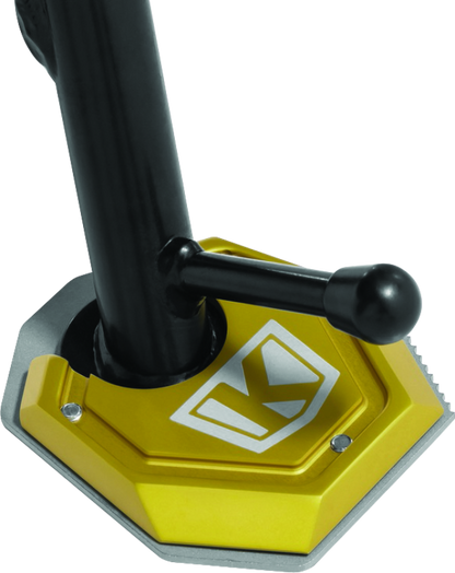Kuryakyn Lodestar Kickstand Shoe Gold for BMW F750GS, enhances stability and functions as tire bead breaker with durable design