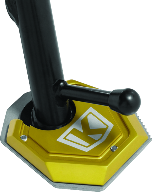 Kuryakyn Lodestar Kickstand Shoe Gold for BMW F750GS, enhances stability and functions as tire bead breaker with durable design