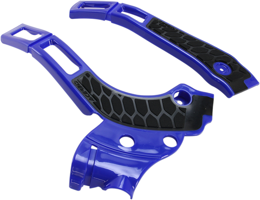 Blue and black Acerbis X-Grip frame guards for motorcycle body protection, designed for durability and fit.