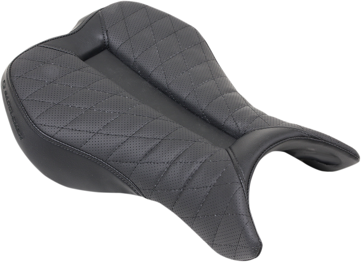 Black SADDLEMEN Track Seat with lattice stitch for '13-'17 models, designed for Harley Davidson bikes