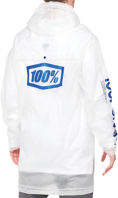 Large clear Torrent Raincoat jacket by Bill's Exhausts, made of waterproof material, shown hanging with a hood and sealed seams.