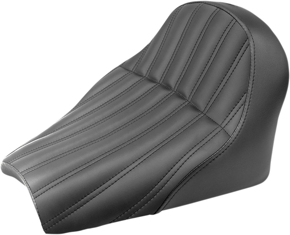 Black SADDLEMEN Knuckle Solo Seat for Scout Bobber, designed for comfort and style, shown on motorcycle in natural setting.
