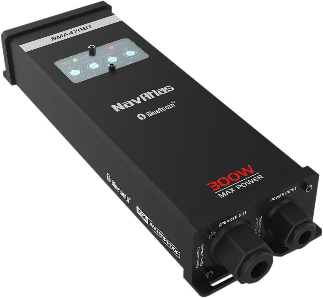 Bill's Exhausts NAVATLAS 75-Watt Bluetooth engine amplifier, compact black device with control knobs and Bluetooth logo.