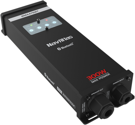 Bill's Exhausts NAVATLAS 75-Watt Bluetooth engine amplifier, compact black device with control knobs and Bluetooth logo.