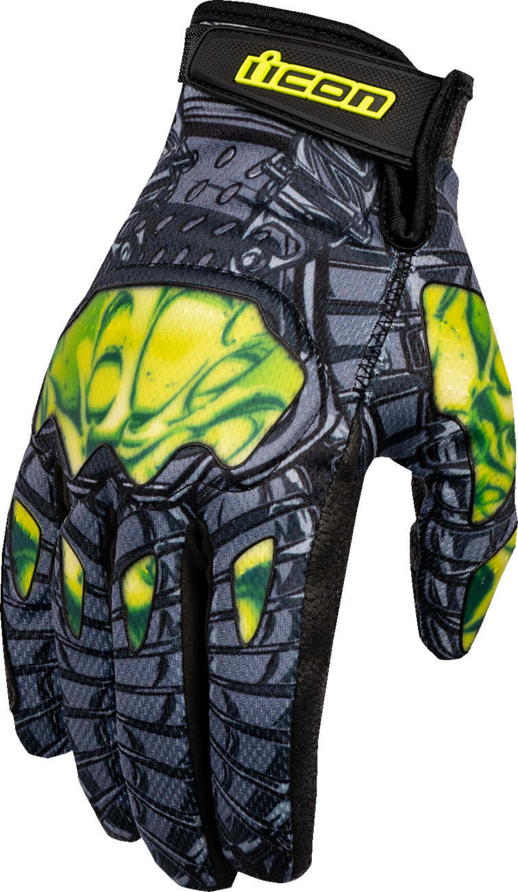 Bill's Exhausts ICON Hooligan Outbreak™ Green 2XL gloves showing textured fabric and secure wrist closure.