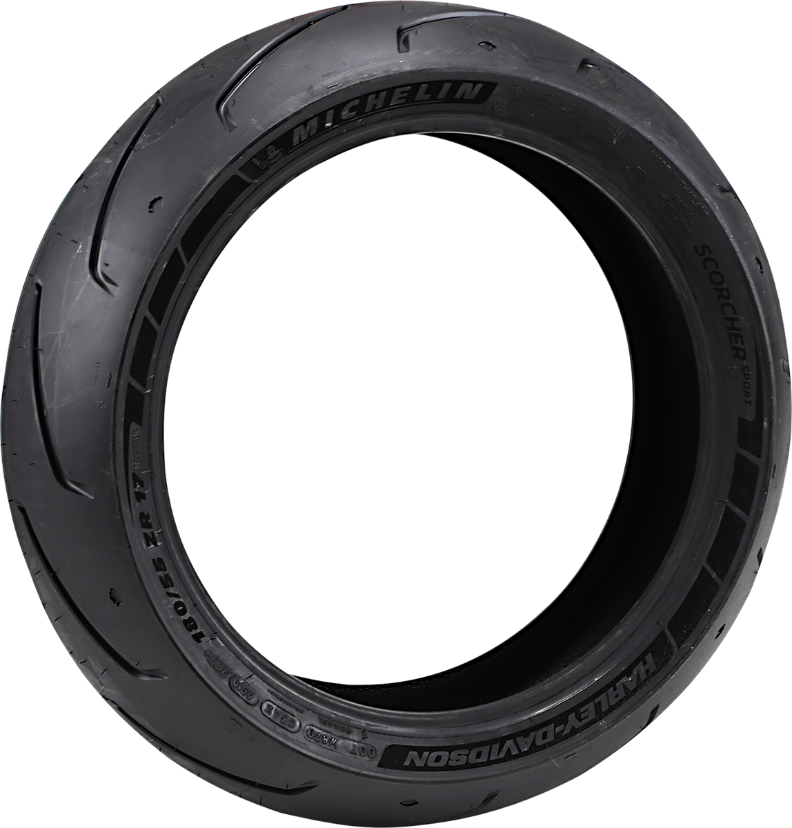 Rear MICHELIN Scorcher Sport motorcycle tire, 180/55ZR17 size, showing tread pattern and sidewall with brand and tire details.