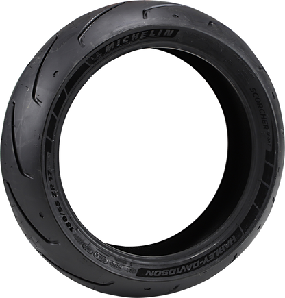 Rear MICHELIN Scorcher Sport motorcycle tire, 180/55ZR17 size, showing tread pattern and sidewall with brand and tire details.